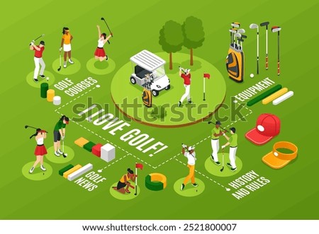 Isometric cartoon golf horizontal infographics template