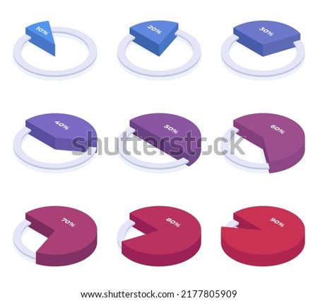 Isometric chart pie, 3d percent infographic diagram circle. Round percentage from 10 to 90 sections illustrations set. Pie chart infographic circle