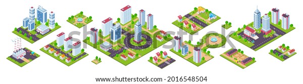 Isometric\
city. 3D real estate houses cars and town constructions, city\
blocks with streets and nature.  urban town\
set