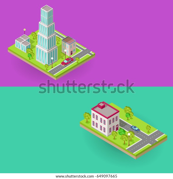 Isometric city building web\
banners set. Modern architecture, skyscraper exterior, clean\
sustainable eco city. Eco friendly environment. Residential estate\
cityscape.