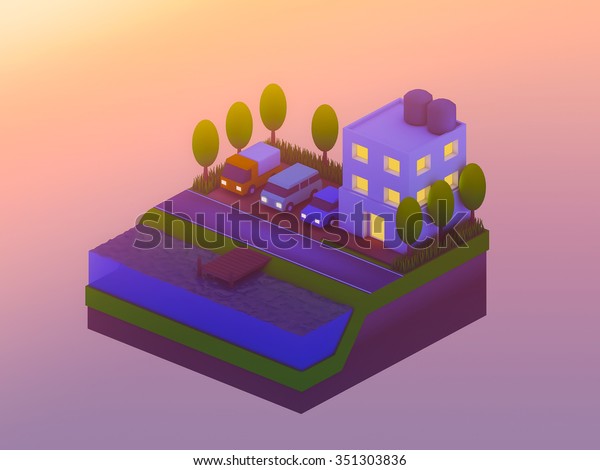  isometric city buildings, landscape, Road and\
river, isometric city\
background