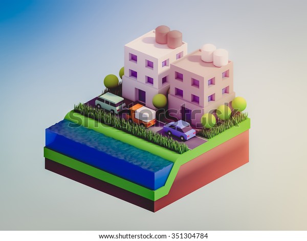  isometric city buildings, landscape, Road and\
river, isometric city\
background