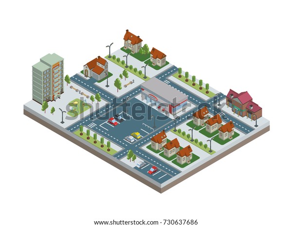 Isometric city with buildings, parking and\
store. Downtown and suburbs. Illustration, isolated on white\
background. Raster\
version.