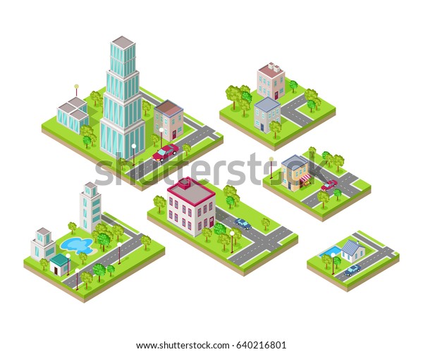 Isometric city buildings set. Isometry icons\
of city. Modern architecture, skyscraper exterior, clean city. Home\
and office buildings. Eco friendly environment. Residential estate\
cityscape.