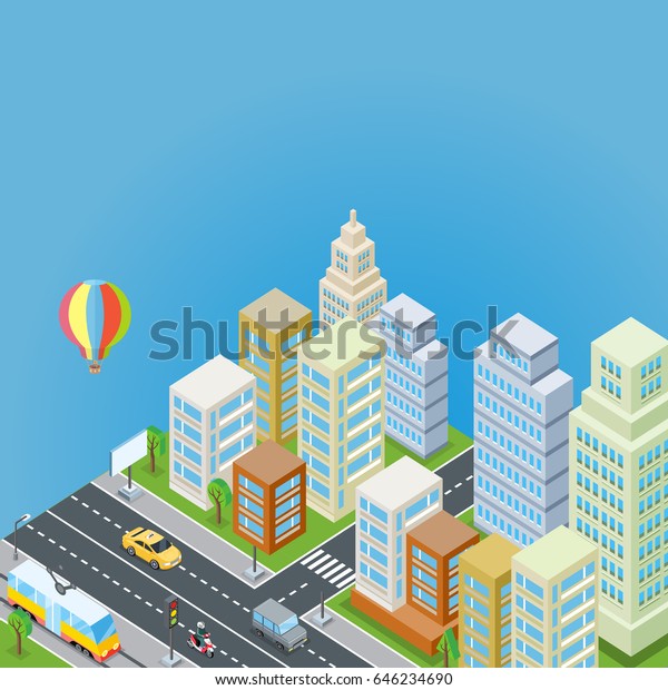 Isometric city concept on blue\
background. Isometric city megapolis, office buildings, road,\
skyscraper, street and city service transport. Urban landscape in\
flat.
