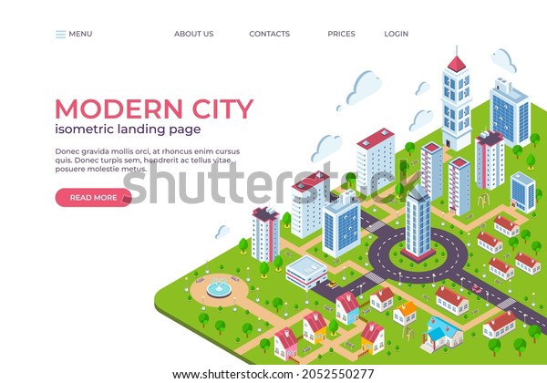 Isometric\
city landing page. 3D smart city concept with skyscrapers, business\
centers, streets and cars.  web page\
template