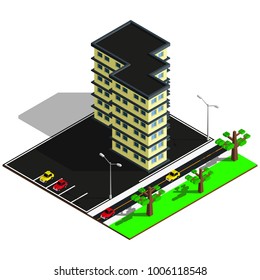 Isometric city map. 3d building with parking illustration.