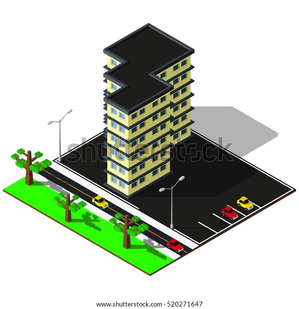 Isometric city map. 3d building with parking\
illustration. Isometric\
elements.