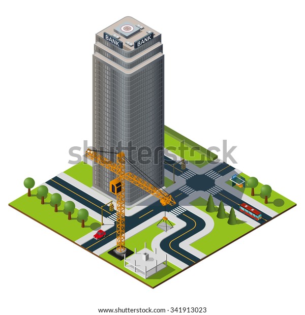 Isometric city map. Bank
building in downtown. Yellow crane illustration. Skyscraper
construction.