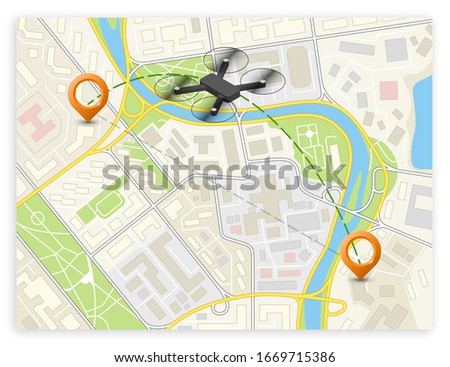 Isometric city map helicopter navigation, copter point markers, flat isometry town schema, 3D simple city plan GPS navigation, final drone destination arrow city. Route delivery check point graphic