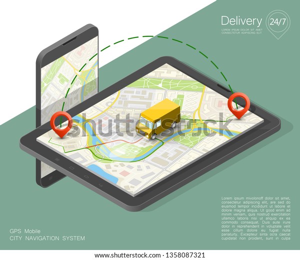 Isometric city map navigation phone point delivery\
van, app isometric schema itinerary delivery car, city plan GPS\
navigation, itinerary destination arrow city map. Route delivery\
truck check\
point