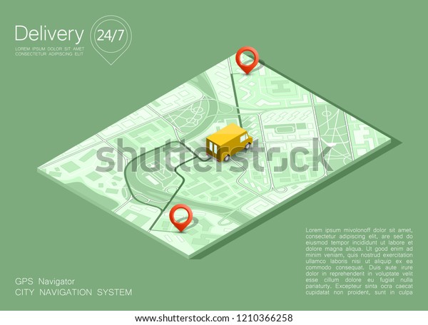 Isometric City map navigation route, point\
markers delivery van, isometry schema itinerary delivery car, city\
plan GPS navigation, itinerary destination arrow city. Route\
delivery check point\
graphic
