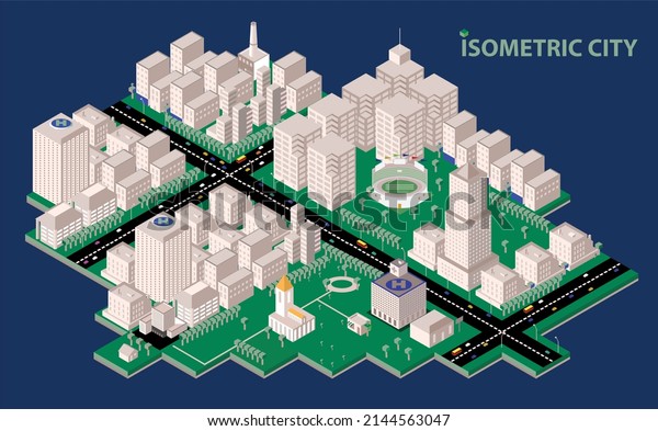 isometric\
city plan with roads and buildings. Smart city concept. Simple low\
poly architecture design, business\
background