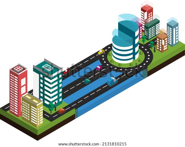 Isometric city view with\
cars and lake