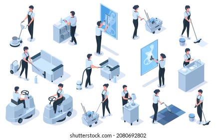 Isometric cleaning service professional workers characters. Cleaning service vacuum, clean furniture, wash windows  illustration set. Professional cleaning employees uniform, clean window - Powered by Shutterstock