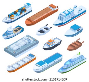 Isometric Commercial Sea Ships, Yacht, Barge, Cruise And Sailing Boats. Passenger, Cargo Sea Ship, Yacht And Boat Ship  Illustration. Water Transportation Isometric Ship, Transportation Shipment