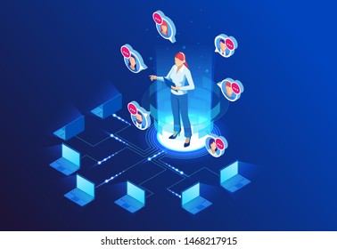 Isometric Communication support phone operator, Call center and Customer service help desk. Service desk consultant talking on a hands-free phone. - Powered by Shutterstock