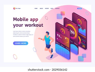 Isometric concept The mobile app tracks a person's training. Athlete training, a man running - Powered by Shutterstock