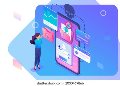 Isometric Concept Phishing Link, Theft Of Data From The Mobile Application, Credit Card Data And User Passwords, The Girl In Shock