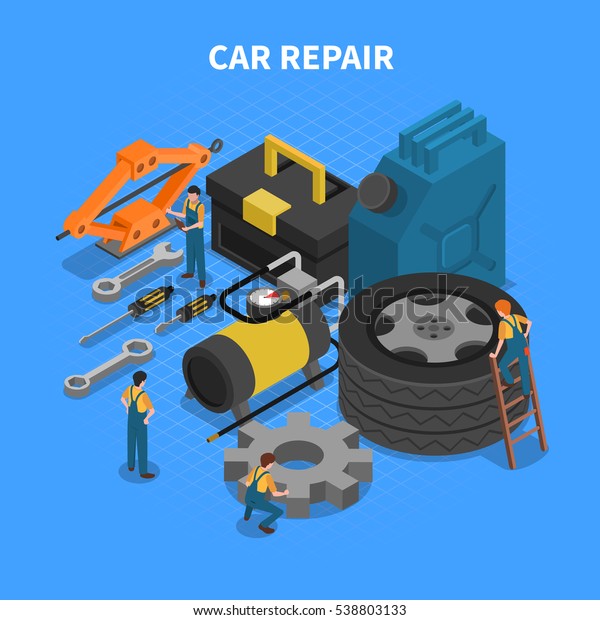 Isometric concept with tools and\
equipment used in car repair with figures of workers \
illustration