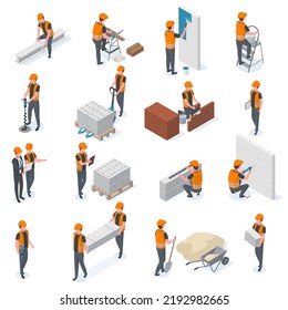 Isometric construction workers, builders and engineer characters. People lay bricks, paint walls and drill  illustration set. Builders with construction equipment. Construction worker isometric - Powered by Shutterstock