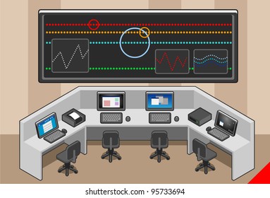 Isometric Control Center Room 3D Vector Illustration. Air Traffic Command Isometric Desk Controller. Large Office Panel Video Control Center Screen 3D Air Traffic Vector Set