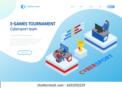 Isometric Cybersports competition. Cybersport arena with gamers. Online game tournament in player vs player format. Cybersport competition with winner cup. - Powered by Shutterstock