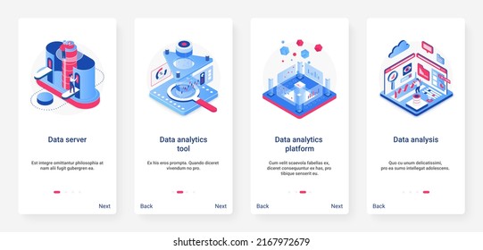 Isometric data analytics, analysis digital technology illustration. UX, UI onboarding mobile app page screen set with cartoon 3d database server platform with analyzing tools, work of analysts