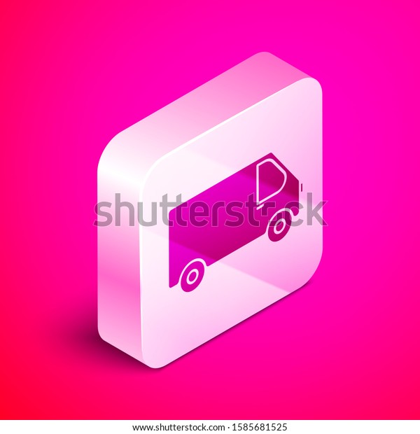 Isometric Delivery cargo truck\
vehicle icon isolated on pink background. Silver square button.\
