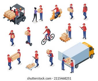 Isometric delivery men with boxes, warehouse workers, postmen. Couriers in uniform delivering packages on scooter, bike or cargo truck  set. Employee carrying parcels from vehicles - Powered by Shutterstock