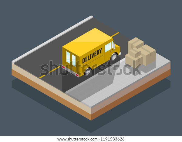 Isometric delivery van. Cargo truck transportation,\
box on route, Fast delivery logistic 3d carrier transport, 3d\
isometry city freight car, infographic loading goods. Low poly\
style vehicle\
truck