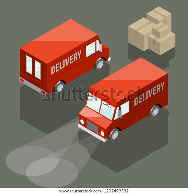 Isometric delivery van. Cargo truck transportation\
box on route, Fast delivery logistic 3d carrier transport, 3d flat\
isometry city freight car, infographic loading goods. Low poly\
style vehicle\
truck