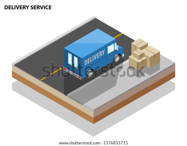 Isometric delivery van. Cargo truck transportation\
box on route, Fast delivery logistic 3d carrier transport, 3d flat\
isometry city freight car, infographic loading goods. Low poly\
style vehicle\
truck