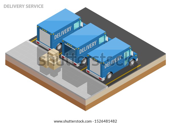 Isometric delivery van. Cargo truck transportation,\
box on route, Fast delivery logistic 3d carrier transport, app\
isometry city freight car, infographic loading goods. Low poly\
style vehicle\
truck