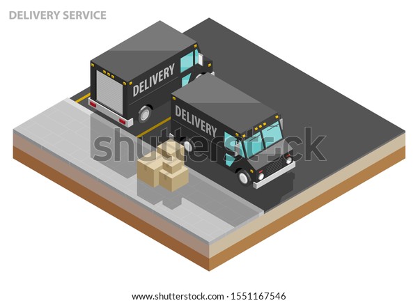 Isometric delivery van. Cargo truck transportation,\
box on route, Fast delivery logistic 3d carrier transport, app\
isometry city freight car, infographic loading goods. Low poly\
style vehicle\
truck