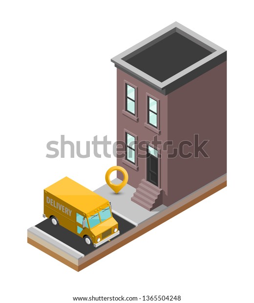 Isometric delivery van house. Cargo truck
transportation route, Fast delivery logistic 3d carrier transport,
app isometry city freight car, infographic loading goods. Low poly
style vehicle
truck