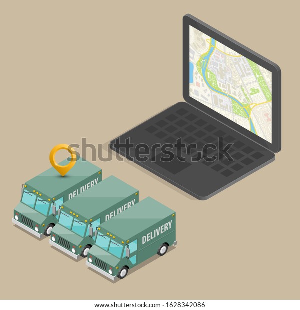Isometric delivery van, laptop. Cargo truck\
transportation, box on route, Fast delivery logistic 3d carrier\
transport, Simple isometry freight car, loading goods. Low poly\
style isometry vehicle\
truck