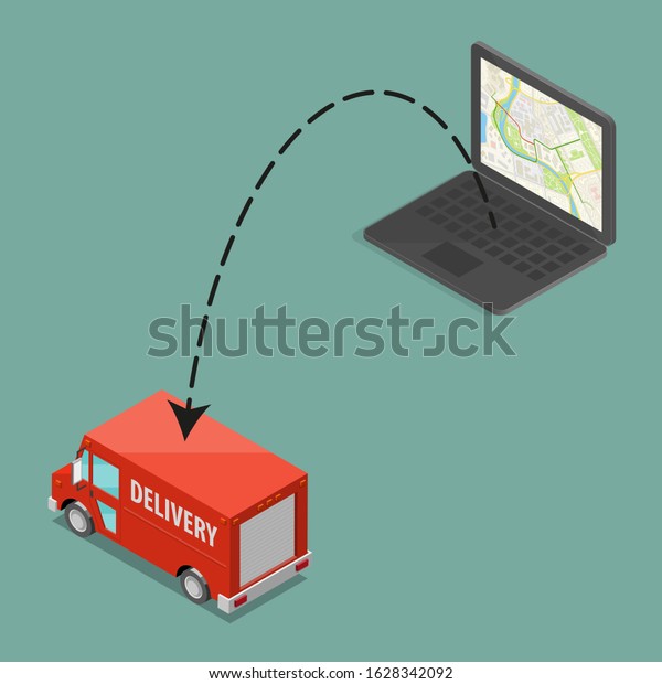 Isometric delivery van, laptop city map. Cargo\
truck transportation. Fast delivery logistic 3d carrier transport,\
Simple isometry freight car, loading goods. Low poly style isometry\
vehicle truck