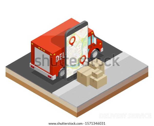 Isometric delivery van, phone. Cargo truck\
transportation, box on route, Fast delivery logistic 3d carrier\
transport, Flat isometry freight car, loading goods. Low poly style\
isometry vehicle\
truck
