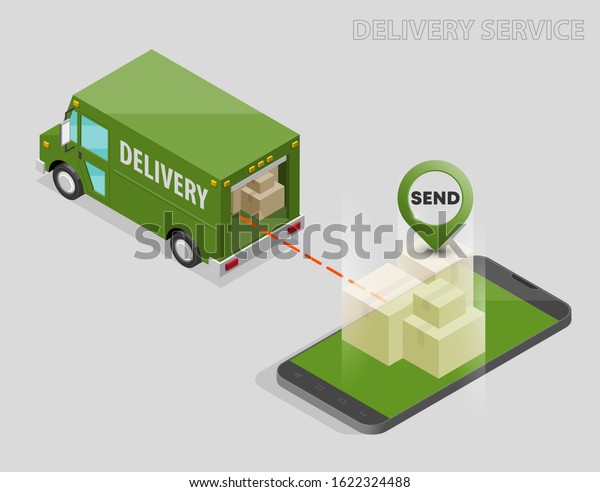 Isometric delivery van, phone. Cargo truck\
transportation, box on route, Fast delivery logistic 3d carrier\
transport, flat isometry freight car, loading goods. Low poly style\
isometry vehicle\
truck