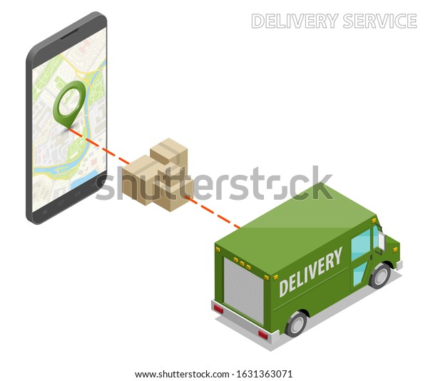 Isometric delivery van, phone. Cargo truck\
transportation, box on route, Fast delivery logistic 3d carrier\
transport, flat isometry freight car, loading goods. Low poly style\
isometry vehicle\
truck
