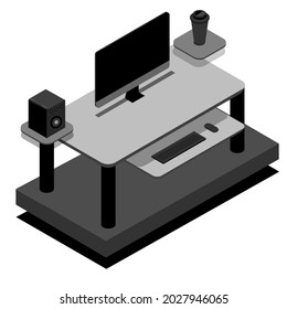 isometric design of a work or study environment with simple colors and equipped with a desk, computer, and other accessories