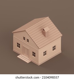 Isometric Detached House, Miniature Detached House Model Flat And Solid Brown Color, 3d Rendering, Nobody