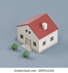 Isometric Detached House With Trees, Miniature Detached House Model White And Red Colors, 3d Rendering, Hi-res, Nobody