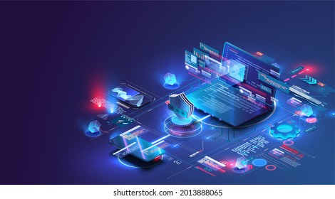 Isometric Digital Protection Mechanism, System Privacy. Online File Server Protection System Concept With Computer And Lock (shield) . Web Page Design Templates Cybersecurity.  Isometric. Blue