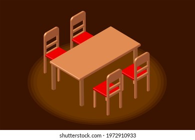 Isometric Dining Room. Isometric Dining Table And Red Chair In Dark Brown Room. 3D Rendering.