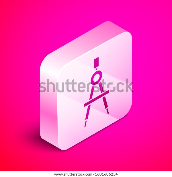 Isometric Drawing compass icon isolated on pink
background. Compasses sign. Drawing and educational tools.
Geometric instrument. Silver square button.
