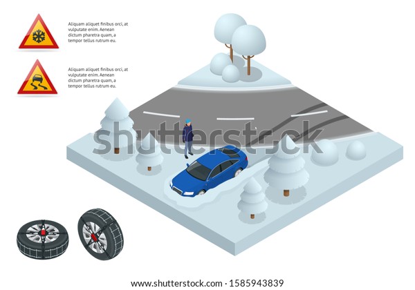 Isometric drift car on a snowy road concept. Heavy\
snow on the road driving on it becomes dangerous isometric\
illustration. Car with snow\
chains
