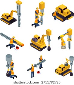 Isometric Drilling Engineering Icons – Construction, Excavation, and Heavy Equipment Vector	