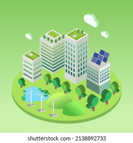 Isometric Eco-architecture. Green Skyscraper Building With Plants Growing On The Facade. Ecology And Green Living In City, ESG, Renewable Energy, Urban Environment Concept.